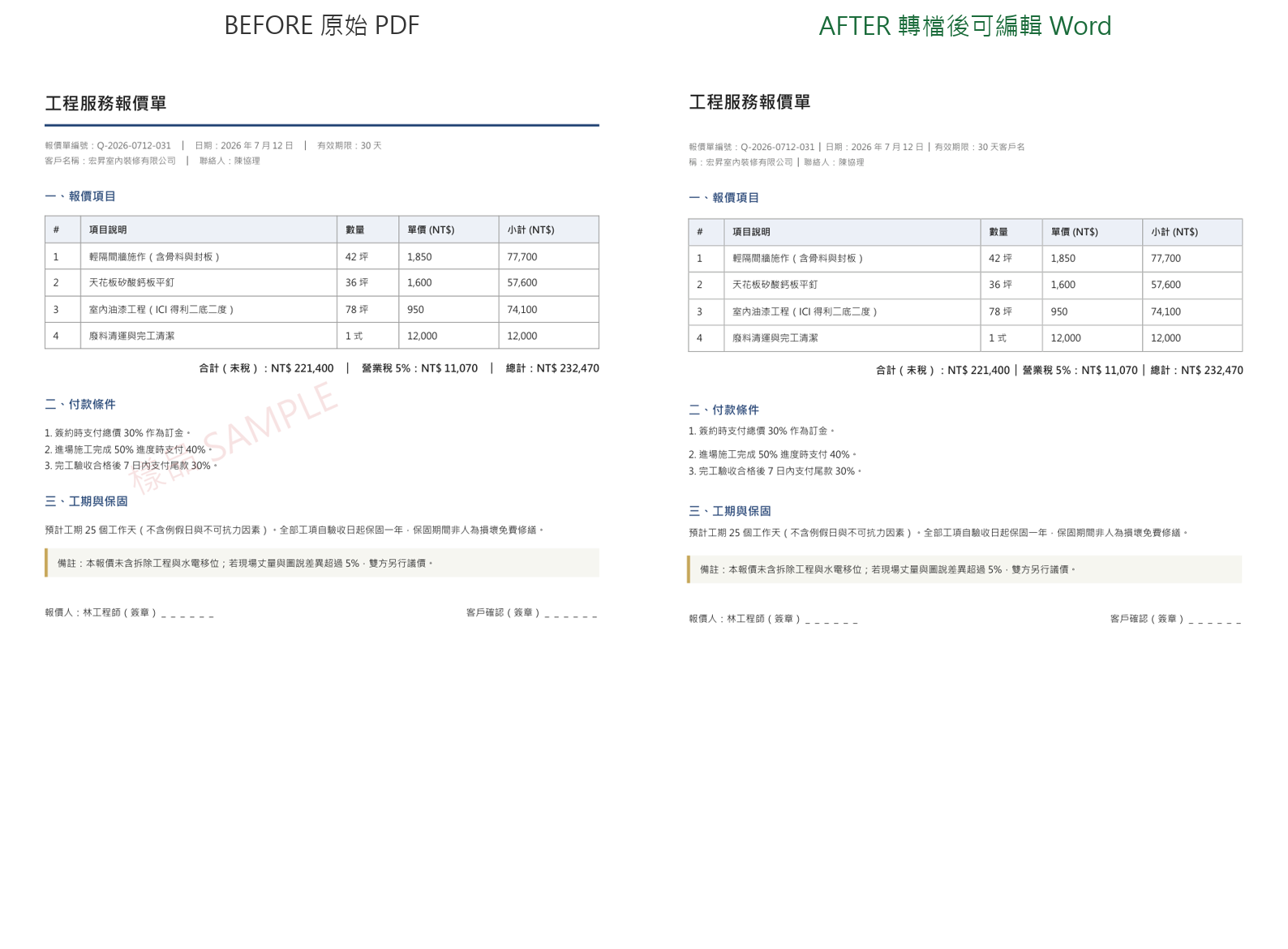 報價單 PDF 轉 Word 前後對照：排版與表格完整還原